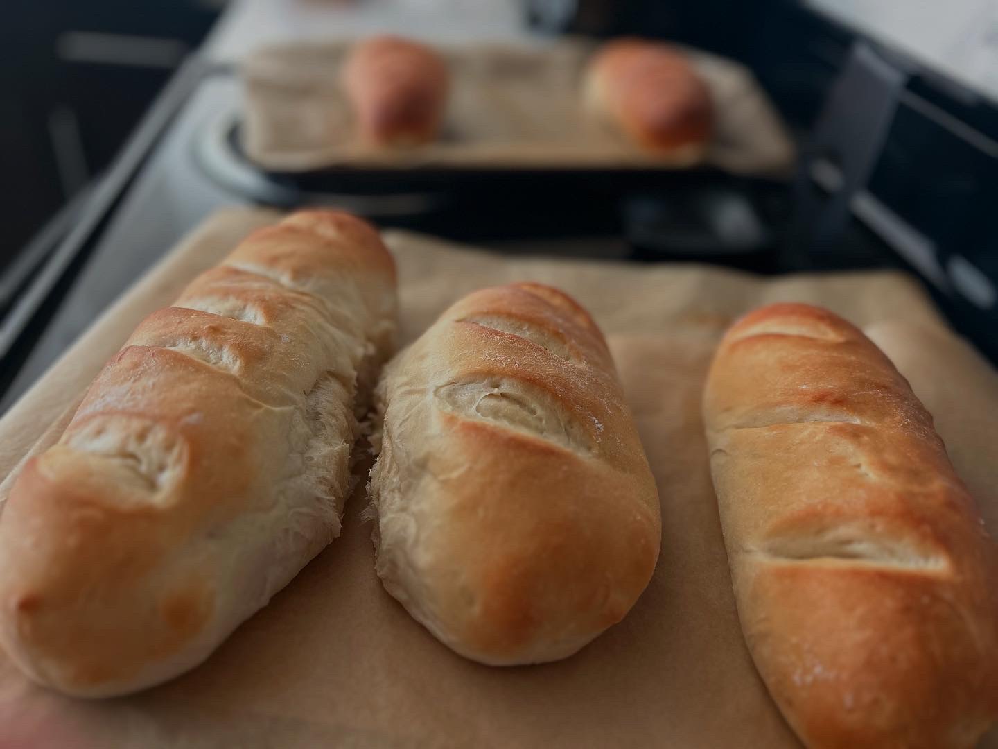 Fresh baked French bread loaves